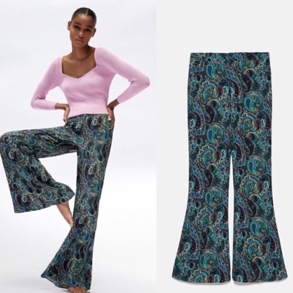 Zara Printed Flared High Waisted Green Paisley Pants NWT Size Small - Picture 1 of 16